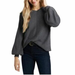 1.STATE Women's Ribbed Heather Gray V-Neck Pullover Sweater Balloon Sleeve